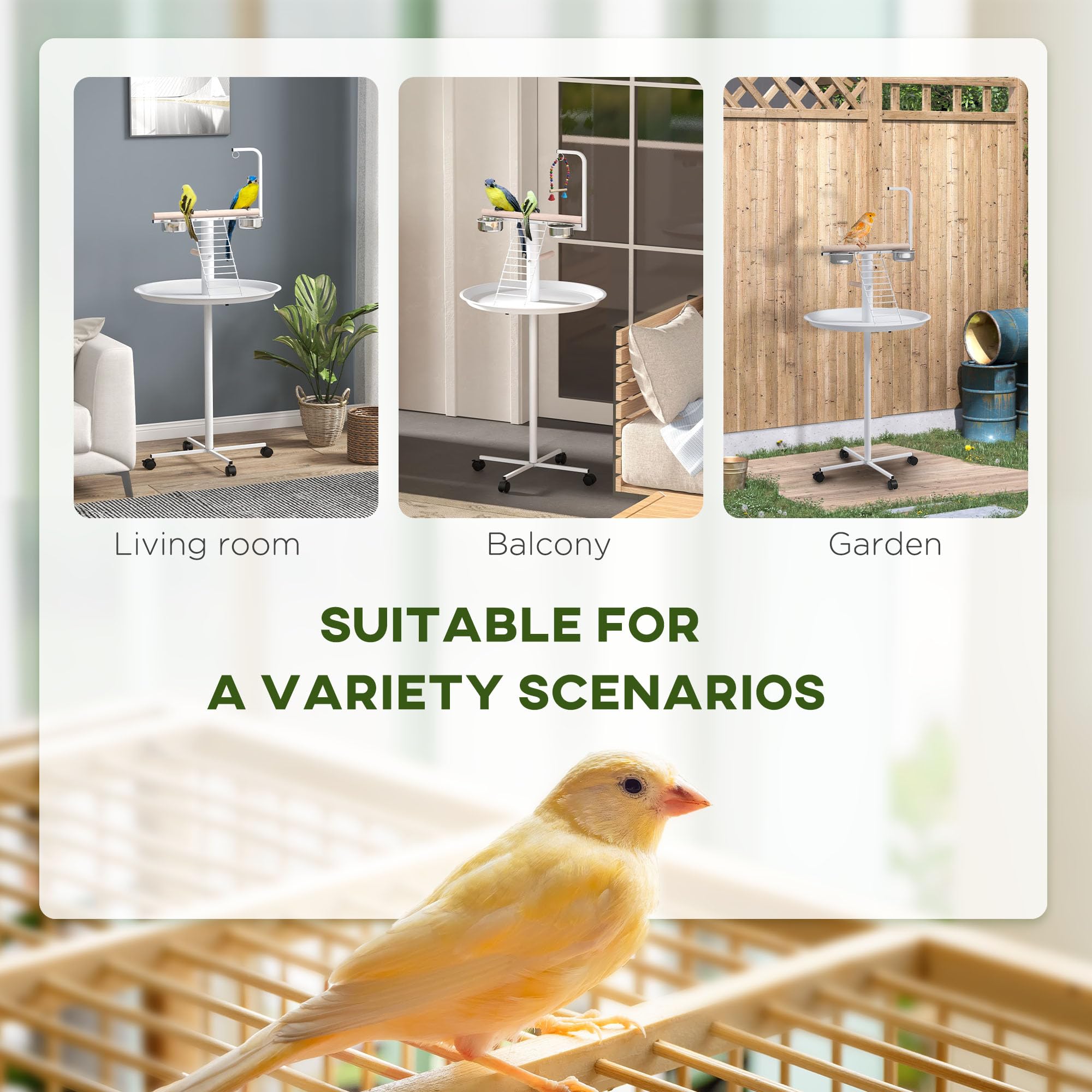 PawHut Bird Stand, Parrot Stand with Wheels, Perches, Stainless Steel Feed Bowls, Round Tray, Bird Play Stand for Indoor Outdoor